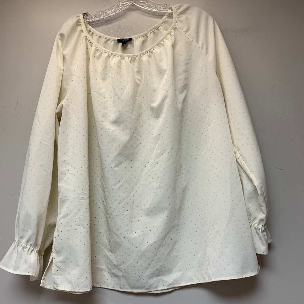 Talbots Blouse Womens 1X Cream Polka Dot Excellent Ruffle Cuff Scoop Neck 12838